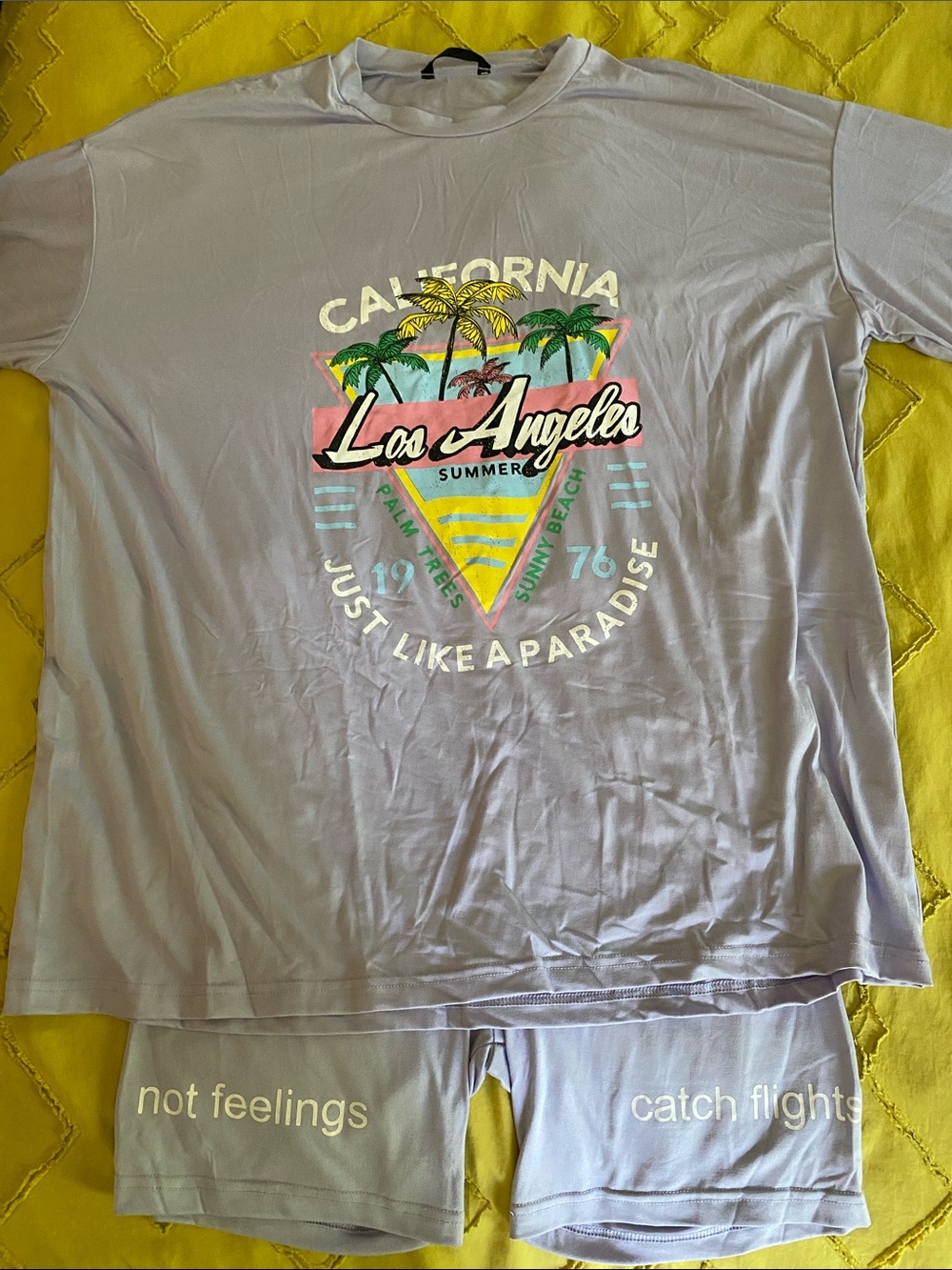 Los Angeles Graphic Tee and Biker Shorts Set - Lavender with Pastel Print
